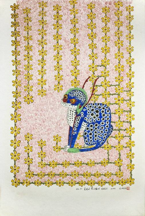 신태수, 아기 호랑이 꽃그물에 갇히다, 91x61cm, 한지에 먹과 채색, 2022.[갤러리세인]