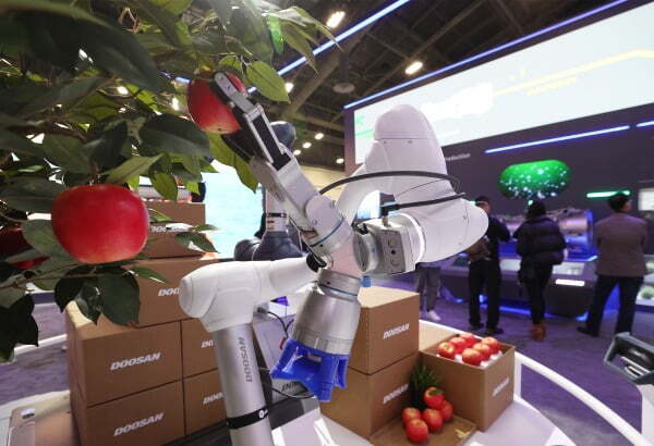 세계 최대 전자·IT 전시회인 'CES 2022' 이 개막한 5일(현지시간) 미국 네바다주 라스베이거스 컨벤션센터 내 마련된 두산 그룹 전시관에 스마트팜의 사과를 수확, 포장하는 두산로보틱스 협동로봇이 전시돼 있다.사진=연합뉴스