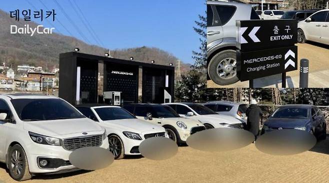 경기도 남양주시 스타벅스 더북한강R점 내부에 설치된 벤츠 ‘EQ 차징 스테이션’. 이곳은 오픈 첫 날 일반차 주차로 전기차 충전이 정상적으로 이뤄지지 못하고 있다.