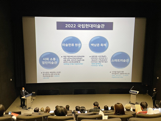 윤범모 국립현대미술관장이 '2022년 전시 계획'을 발표하고 있다. <사진=박은희 기자>
