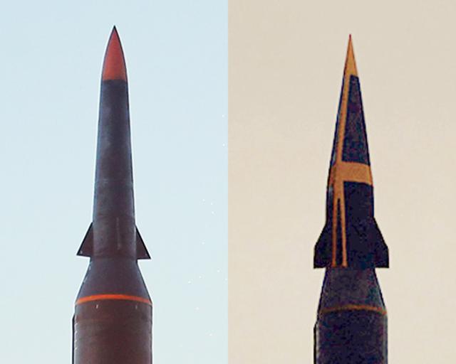 북한이 5일 시험발사에 성공했다고 주장한 '극초음속 미사일'(왼쪽 사진)과 지난해 9월 첫 발사한 극초음속 미사일 화성-8형(오른쪽). 탄두부 형상이 다소 다르다. 평양=조선중앙통신 연합뉴스