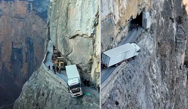 중국 산시성의 한 절벽에 트럭이 매달려 있다. 이 트럭은 사고 발생 3일 만에 끌어 올려졌다./BBC 유튜브