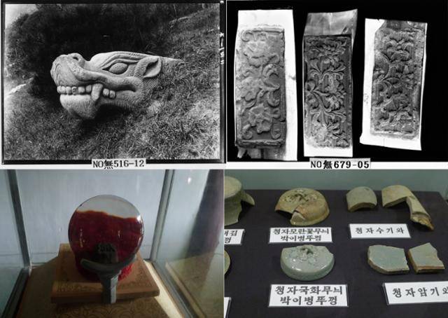 만월대에서 출토된 돌조각 용머리(윗줄 왼쪽부터 시계방향으로), 문양전, 청자편들로 건축과 궁궐생활의 호화로움을 알 수 있다. 국립중앙박물관 제공. 아랫줄 왼쪽은 고려박물관에 전시된 가장 오래된 금속활자. 유리 돋보기 뒤편에 전시돼 있다.