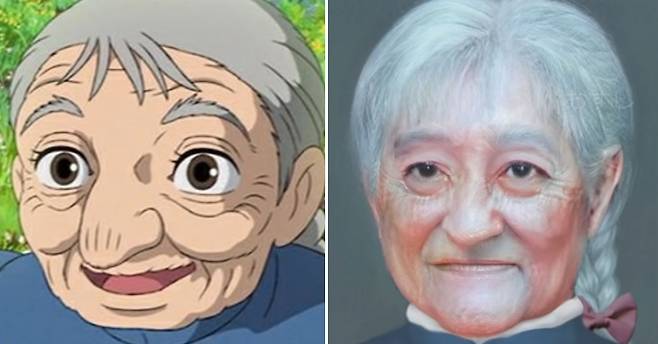 ‘하울의 움직이는 성’의 여자주인공 ‘소피’가 저주에 걸려서 노년이 된 모습(왼쪽). 오른쪽은 사람의 형상으로 구현된 모습. [유튜브 캡처]