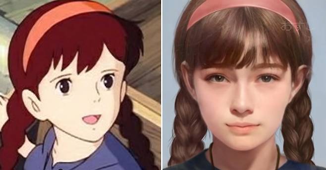 ‘천공의 성 라퓨타’의 여주인공 ‘시타’(왼쪽)와 그의 실사화 이미지. [유튜브 캡처]