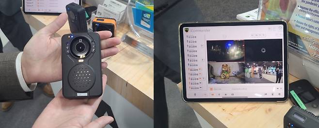 대만 스타트업 RT스트림의 다기능 웨어러블 카메라 F01(왼쪽)과 모바일 비상시스템(MERS)./사진=오문영 기자