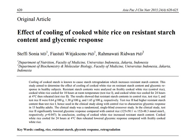 4도에서 24시간 냉각 후 데운 쌀밥은 10시간 동안 실온 보관한 쌀밥보다 저항성 전분 함량이 20% 높게 나타났습니다. /논문='Effect of cooling of cooked white rice on resistant starch content and glycemic response'