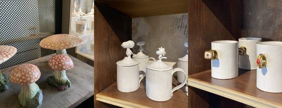 버섯 모티브의 세라믹 소품과 스누피 컵, 컵 손잡이를 반지모양으로 디자인한 컵 등 저마다 개성 넘치는 오브제를 만날 수 있다. 구매하지 않고 전시를 관람하듯 가볍게 둘러보아도 좋은 공간이다. [사진 심규원]