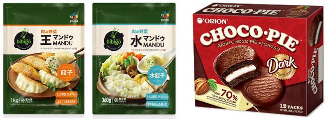 일본에 선보인 비비고 만두와 베트남에 출시된 ‘초코파이 다크’. CJ제일제당·오리온 제공