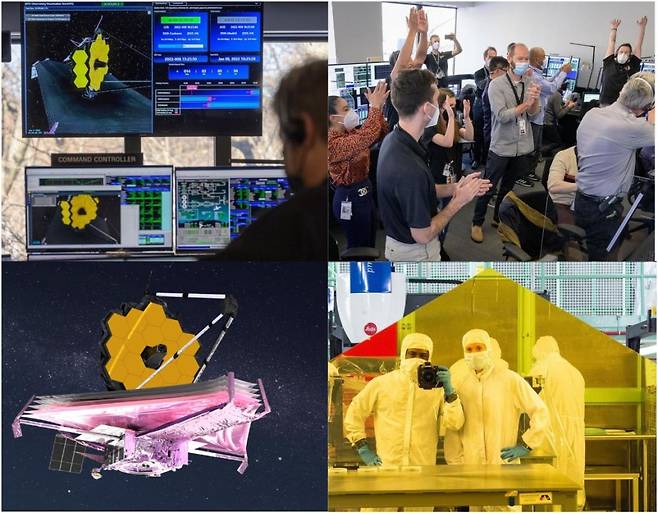 미국 항공우주국(NASA) 연구진이 제임스 웹 우주망원경(JWST) 주반사경 전개에 성공한 이후 모습(상단 좌우 사진). 아래는 JWST와 주반사경. / 사진=미국항공우주국(NASA)