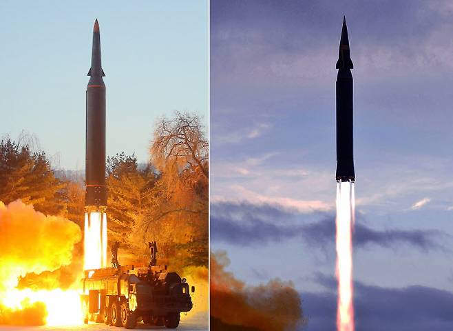 북한이 지난 5일 발사했다고 주장한 극초음속미사일(왼쪽)과 작년에 발사한 화성-8형(오른쪽). (사진=연합뉴스)