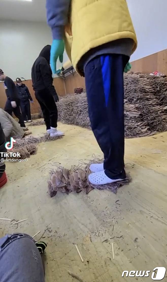 국내 모 오징어 공장에서 일하는 외국인노동자가 작업 모습을 SNS에 올린 영상의 일부. (사진=인터넷커뮤니티) © 뉴스1