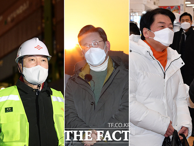왼쪽부터 윤석열 국민의힘, 이재명 더불어민주당, 안철수 국민의당 대선 후보가 임인년 첫날인 1일 오전 각각 인천 연수구 선광신컨테이너터미널, 서울 동작구 노들섬, 노량진수산시장에서 새해 첫 대선 행보를 시작한 모습. /이선화 기자