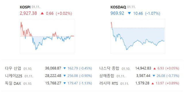 코스닥 지수는 전날보다 10.46포인트(1.07%) 떨어진 969.92로 거래를 마쳤다. /네이버 증권정보 캡처