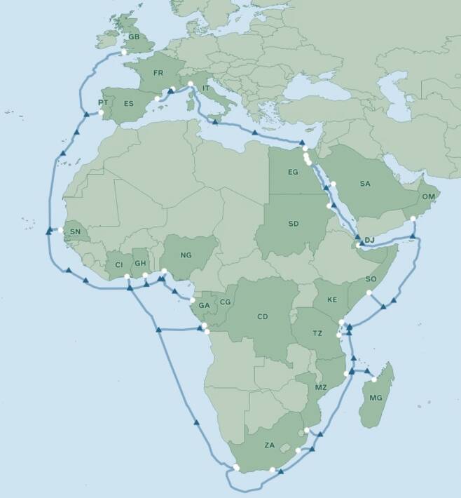페북은 아프리카 해안 따라 인터넷 구축 - 해저 광케이블을 설치해 아프리카 대륙 전체의 인터넷 접속 환경을 개선하는 ‘투 아프리카’(2Africa) 프로젝트. /2Africacable