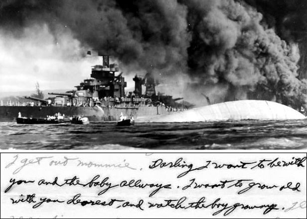1941년 12월7일 일본군의 기습공격으로 뒤집힌 채 가라앉고 있는 USS오클라호마함과 기관병 윌리엄 블랜처드가 일주일 전 아내에게 쓴 편지 / 사진출처 = 전쟁포로실종자확인국