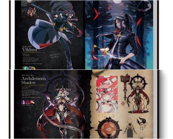 아트북에 담긴 에피소드1의 핵심 인물들인 ‘빌트레드’(상)와 ‘메르...’가 아닌 ‘마신의 그림자’<제공=스마일게이트>