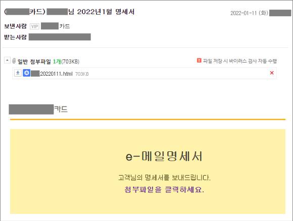 신용카드 명세서로 위장한 피싱 공격용 실제 이메일 화면 [사진=이스트시큐리티]