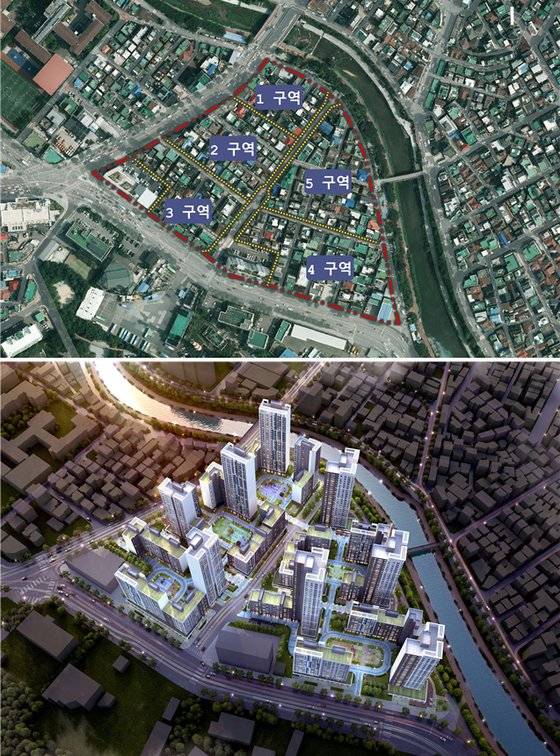 현재 모아타운 시범사업이 추진중인 서울시 강북구 번동(5개 구역)과 향후 조감도. [서울시]