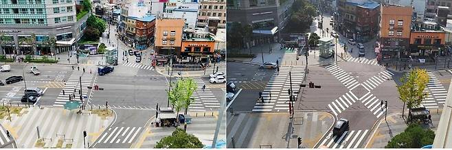 중구 신세계백화점 앞 대각선 횡단보도 설치 전후 [서울시 제공. 재판매 및 DB 금지]