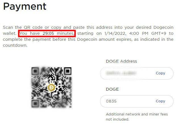 도지코인 결제는 30분간 생성되는 암호화폐 주소 또는 QR코드로 진행된다. /테슬라숍