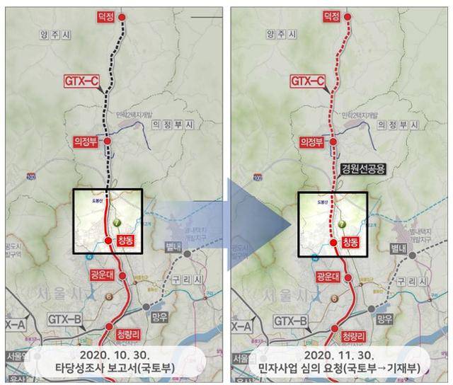 GTX-C 노선 중 지하철 1호선 공용구간이 도봉산역(왼쪽)에서 창동역(오른쪽)까지 늘어나 있다. 오기형 민주당 의원실 제공