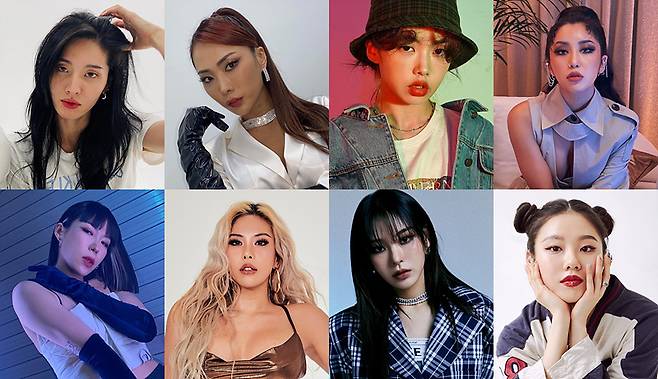 From top left, clockwise: Prowdmon’s Monika, HolyBang’s Honey J, Hook‘s Aiki, Coca N Butter’s Ri.hey, YGX’s Leejung, Lachica‘s Gabee, WayB‘s Noze and Want’s Hyojin Choi. (tvN)