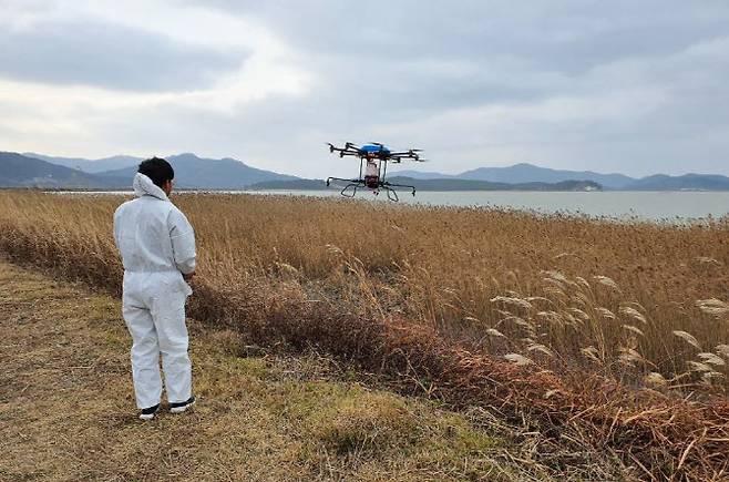 전남 진도군에서 고병원성 AI를 차단하기 위해 선제 방역 중인 모습. 사진은 드론으로 방역하는 모습. (사진=연합뉴스)