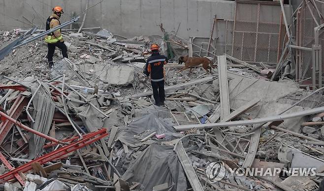 구조견 동원한 수색작업 (광주=연합뉴스) 김도훈 기자 = 광주 서구 화정동 신축아파트 붕괴사고 닷새째인 15일 오후 사고 현장에서 구조대원들이 구조견과 함께 수색작업을 하고 있다. 2022.1.15 superdoo82@yna.co.kr