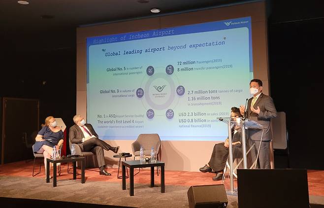 김경욱 인천국제공항공사 사장(오른쪽 첫번째)가 지난 15일 두바이 엑스포(EXPO) 프랑스관에서 열린 ‘프랑스 뮤지엄즈’ 심포지엄에서 ‘인천공항의 문화예술 선도공항 도약계획’을 발표하고 있다.|인천국제공항공사 제공