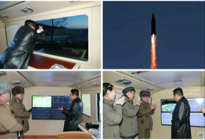 북한 김정은이 참관하는 가운데 발사되는 극초음속 미사일