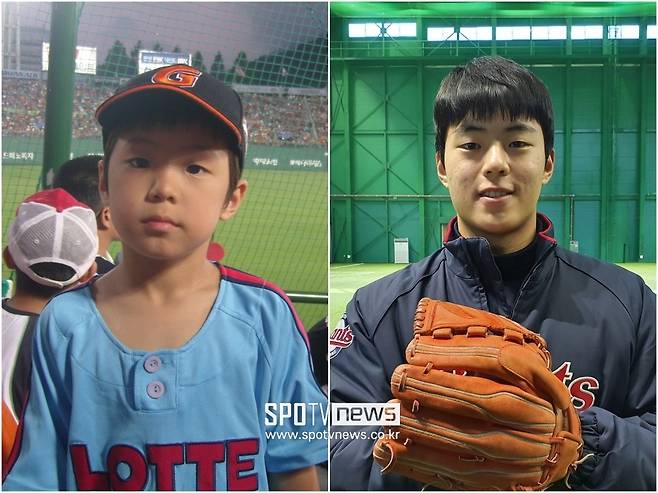 ▲ 2010년 롯데를 응원하던 때 한태양(왼쪽)과 2021년 롯데 유니폼을 입고 상동구장에서 훈련 중인 한태양. ⓒ한태양 제공, 고봉준 기자