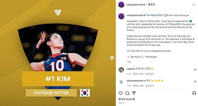 김연경, 발리볼월드 선정 2021년 세계 최고 여자배구선수 [발리볼월드 인스타그램 계정 캡처. 재판매 및 DB 금지]