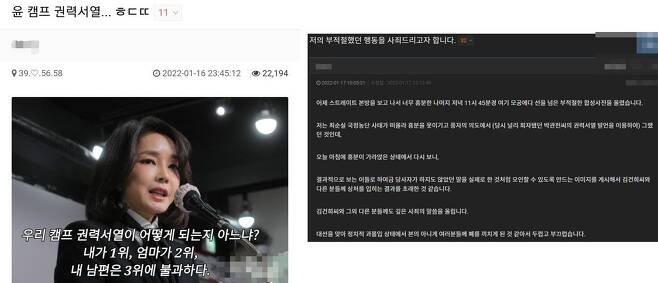 지난 16일 MBC ‘탐사기획 스트레이트’에 보도 이후, 한 친여 성향 온라인 커뮤니티에 올라온 조작 자료와 이 네티즌이 올린 사과문. /클리앙