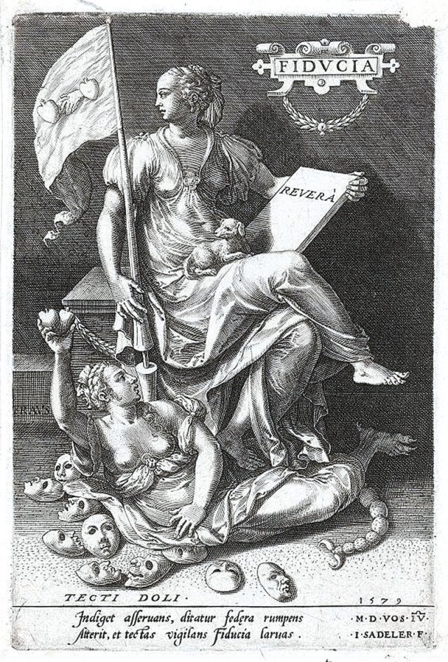 16세기 후반 얀 샤들러가 ‘신뢰’와 ‘기만’을 의인화해 그린 판화. 가면으로 가득 찬 기만을 거꾸러뜨린 신뢰가 우정을 상징하는 깃발을 들고 있다. 사진 출처 위키피디아