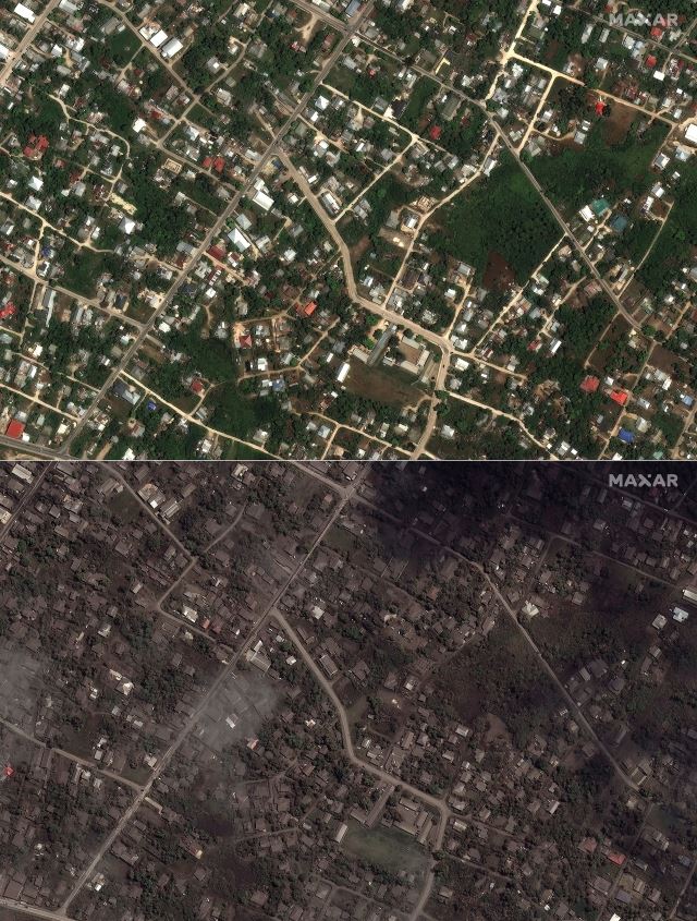 미국 민간 위성업체 막서 테크놀러지는 18일 통가 해저화산 폭발 전인 지난달 29일(위)과 후인 이날(아래) 수도 누쿠알로파 상공을 촬영한 위성사진을 공개했다. AP뉴시스