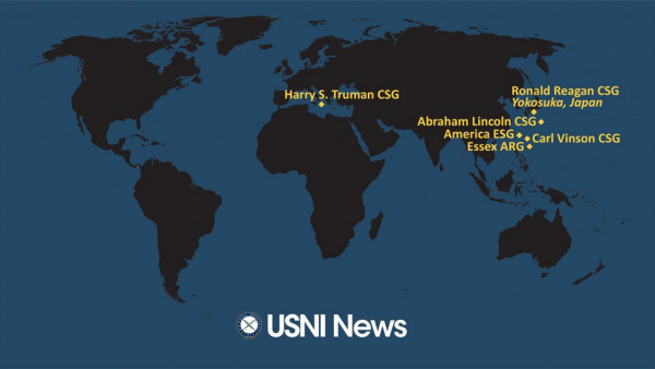 미 해군연구소(USNI)가 18일 공개한 미 대형 해상 전력 위치. 동아시아 바다에 핵추진 항모 3척과 사실상 항모인 강습상륙함 2척 등 5척의 역대급 항모가 작전 배치돼 있다.USNI 홈페이지 캡처