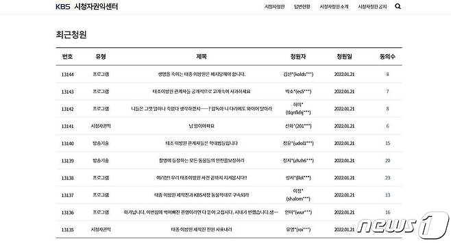 KBS 시청자권익센터 청원 게시판 갈무리.© News1 이승아 기자