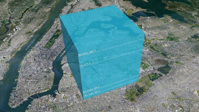 이 그래픽은 A-68A 빙산이 바다로 방출한 물의 양을 에펠탑, 후지산, 몽블란 산과 같은 유명 랜드마크의 높이와 미국 맨해튼 시의 크기와 비교해 시각화한 것이다. (사진=CPOM/ESA/구글 베이스맵)