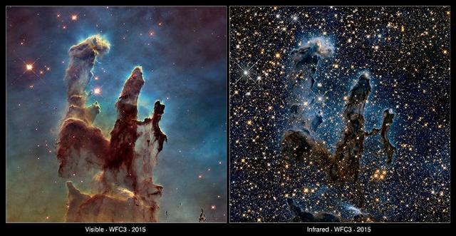 허블 우주망원경이 독수리 성운을 가시광선(왼쪽)으로 찍은 사진과 적외선(오른쪽)으로 찍은 사진. 가시광선으로 볼 수 없는 많은 부분을 적외선으로 관측할 수 있다. NASA·EAS 제공