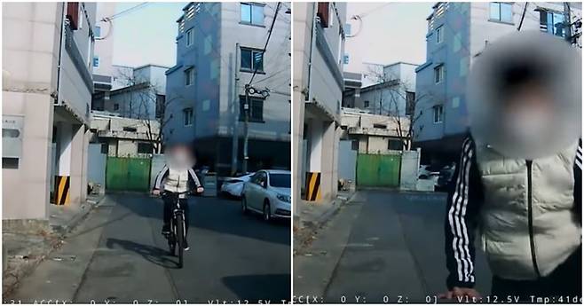 지난 17일 경상북도 구미시 골목길에서 주차 된 차량에 자전거를 타던 아이가 충돌하고 있다. / 사진=유튜브 채널 '한문철 TV' 캡처