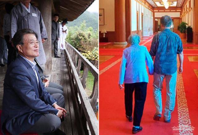 문재인 대통령이 2017년 추석 연휴 기간인 10월 6일 경북 안동 하회마을을 방문해 병산서원에서 마을 풍경을 감상하고 있다(왼쪽). 문 대통령이 그해 10월 4일 모친 강한옥 여사의 손을 잡고 청와대를 안내하고 있다. 청와대 제공