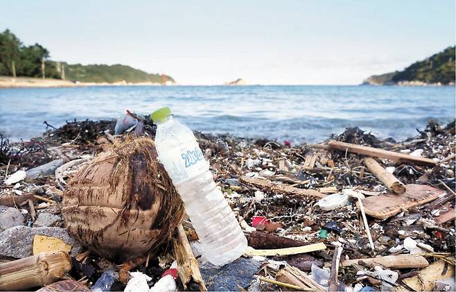 지난해 거문도해수욕장에 밀려온 플라스틱 쓰레기들. 중국산 페트병도 보인다. 왕준열PD