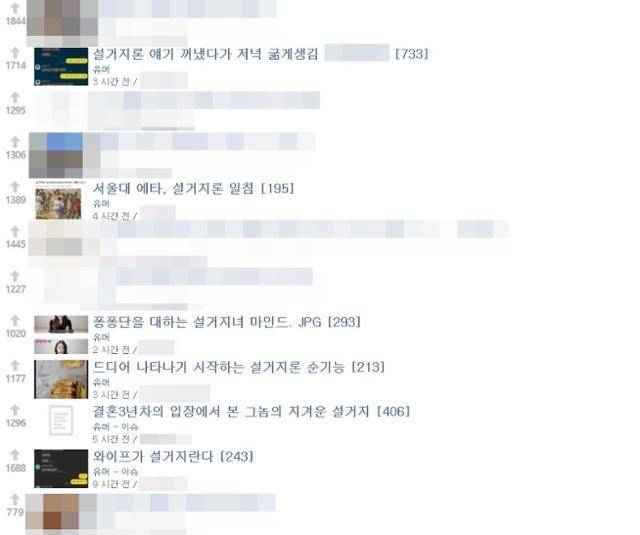 지난해 말 커뮤니티 인기 게시글로 등록돼 있던 '설거지', '퐁퐁단' 등의 신조어를 다룬 글. 축구·스포츠 커뮤니티 게시판 캡처