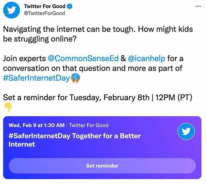 특정 해시태그를 붙이면 트위터 안전한 인터넷의 날 관련 이모지가 적용된다, 출처=트위터