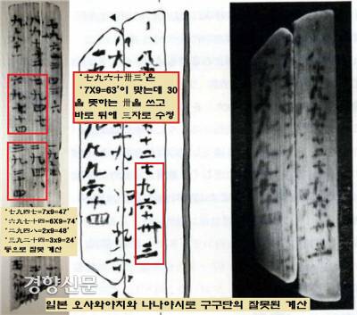 일본의 구구단 목간에는 잘못된 계산이 심심치않게 나온다. 주술적인 의미에서 특정한 숫자를 피해 적었다는 견해도 있다. 그러나 터무니없이 잘못된 구구단은 실용성으로는 0점이다.|윤선태 동국대 교수 제공