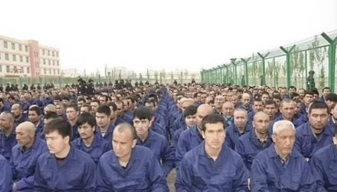 자신을 무슬림으로 소개한 네티즌이 트위터 계정에 올린 사진. 2017년 신장 자치구 재교육 수용소에 갇힌 위구르인들이 1941년 나치 독일 수용소에 갇힌 유대인들과 같다고 주장한다.트위터 제공