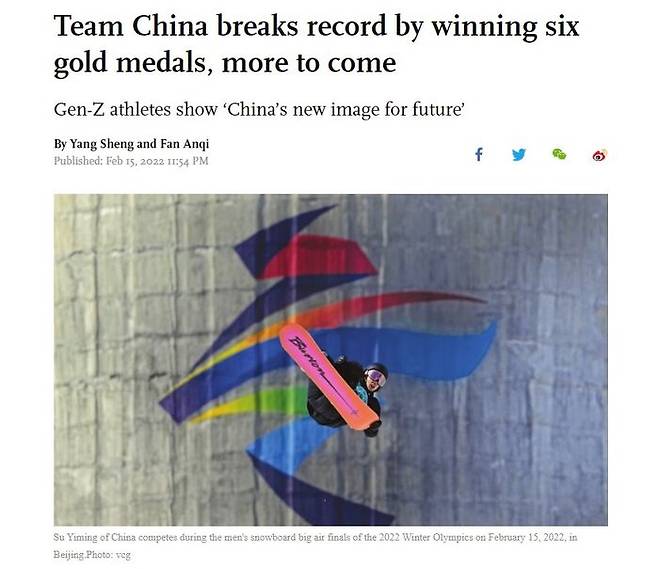중국 관영 글로벌타임스는 '중국 팀이 금메달 6개를 획득해 기록을 경신했다'고 보도했다.
