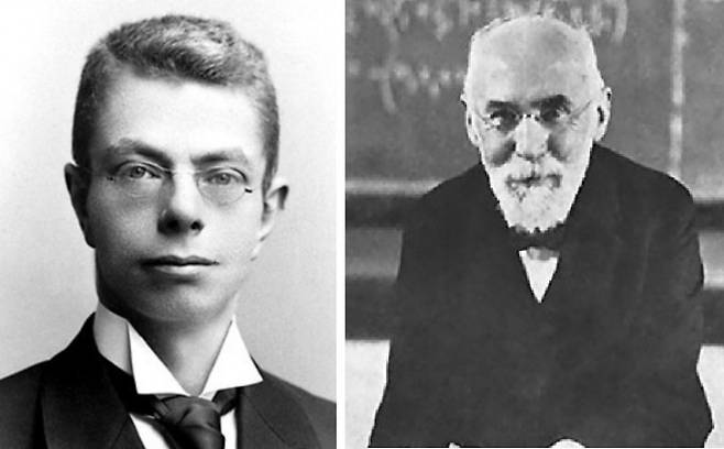 1902년 노벨 물리학상 수상 당시의 피터르 제이만, 1916년 헨드릭 로런츠. 위키피디아/노벨재단 제공