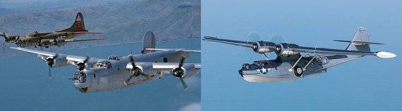 B-24와 B-17(좌). 원래 육군 항공대의 폭격기종, B-24는 해안사령부의 장거리 초계기로도 활약, 대잠전에서 큰 전과를 올린다. 두 기종의 활약으로 대서양에서 독일 잠수함들은 안전한 공간이 사라져 독일잠수함의 활동을 위축시키는 효과를 불러온다. 독일 잠수함들은 2차대전 말 현재 AIP의 선배 격인 스노클을 탑재하지만 전세를 뒤집지는 못했다. PBY-4/5 카탈리나 비행정(우)은 B-24와 함께 미 해안사령부 소속으로 작전을 펼친 비행정이다. 주로 정찰 임무를 맡았다. 1940년 독일 전함 비스마르크 추격전에서도 덴마크 해전 이후 종적을 감춘 비스마르크를 발견했으며, 1942년 미드웨이 해전에서 당시 최강의 해상 전투력을 자랑하던 일본의 제1기동부대를 발견해낸 기종이다. 높은 신뢰성과 수상에서 이착륙이 용이한 점 덕분에 비전투 임무에서도 맹활약한 기종이다. 사진=해군(US Navy)